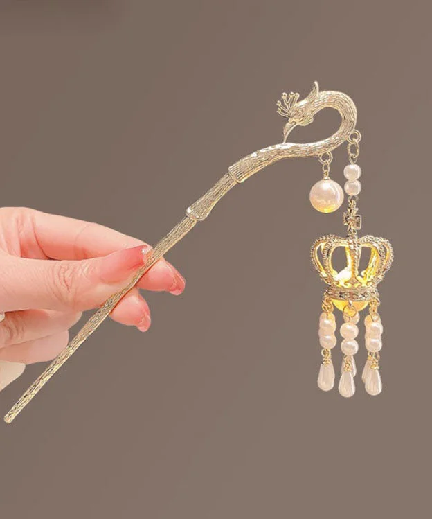 Boutique Gold Alloy Zircon Pearl Tassel Crown Hairpin