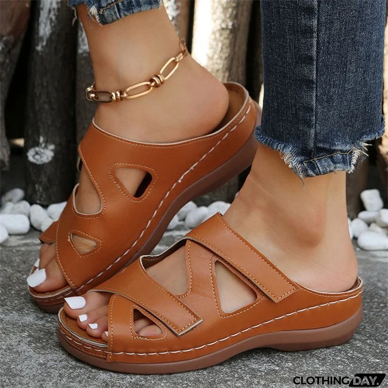 Summer Hollow Out Velcro Wedge Heel Casual Slippers for Women