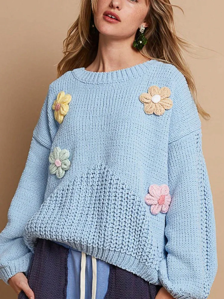  Casual Pullover Cute Crochet Flower Knit Sweater Top Light Blue Colorful 3D Flower Appliques
