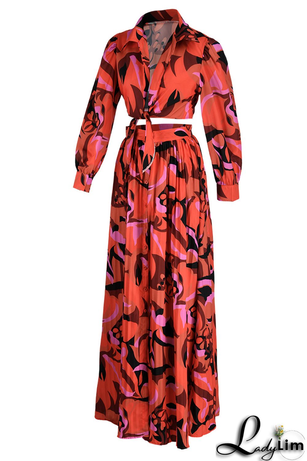 Red Fashion Casual Print Bandage Slit V Neck Long Sleeve Dresses