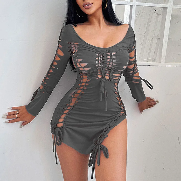 Solid Long Sleeve Cut Out Slit Mini Dress - IRBOOM Fashion Clothing