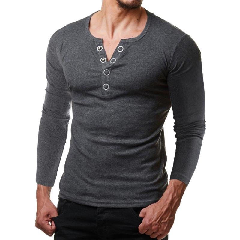 Men Tops - Metal Button Long Sleeve T-shirt of inspirelf