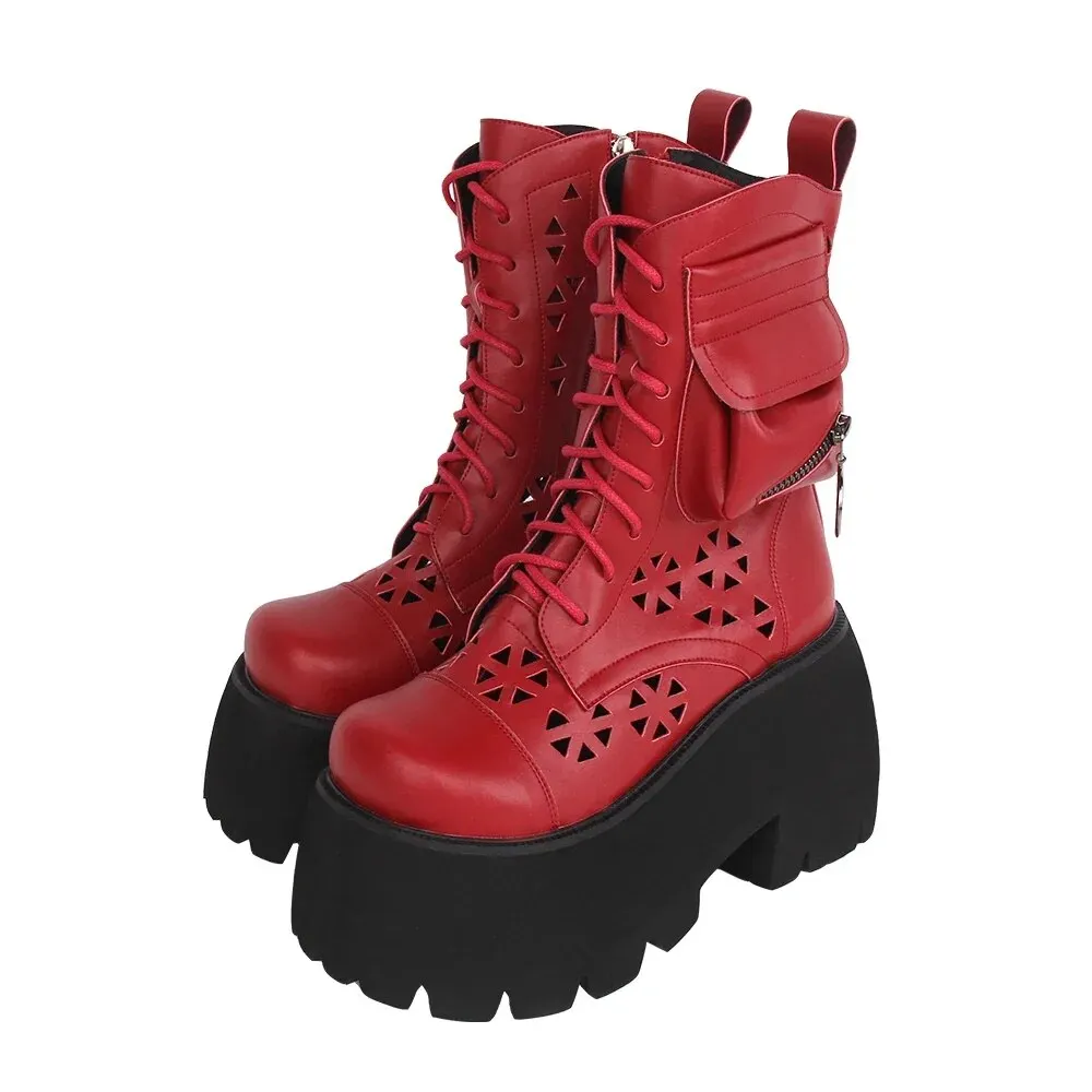 VCshoes Women Gothic Motorcycle Punk Dark Street Style Boots Lady Short Ankle Boots Woman High Heels Pumps Shoes Real Leather Hollow Out