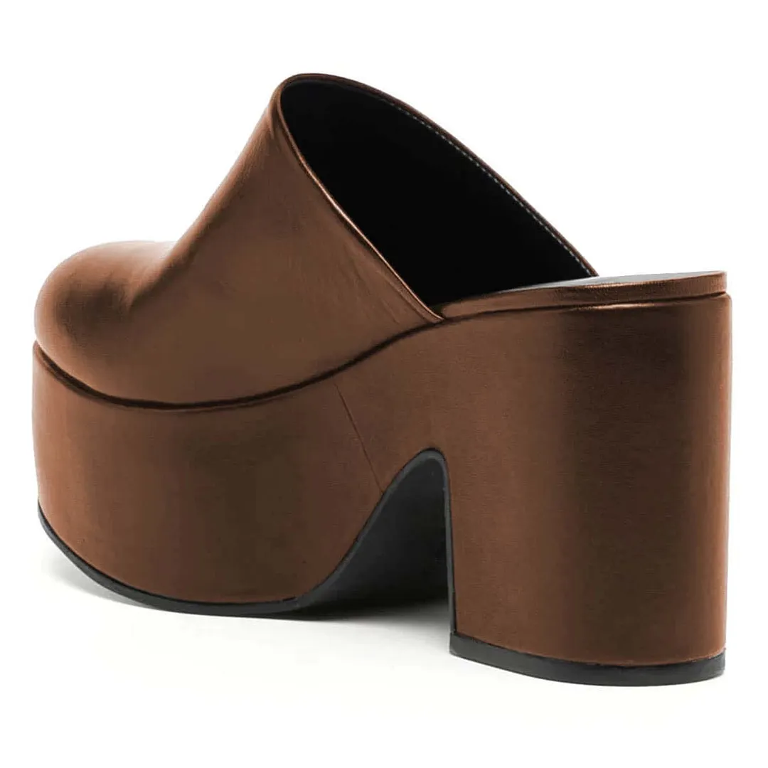 YDN Brown Block Heel Slip-On Platform Mules with Round Toe