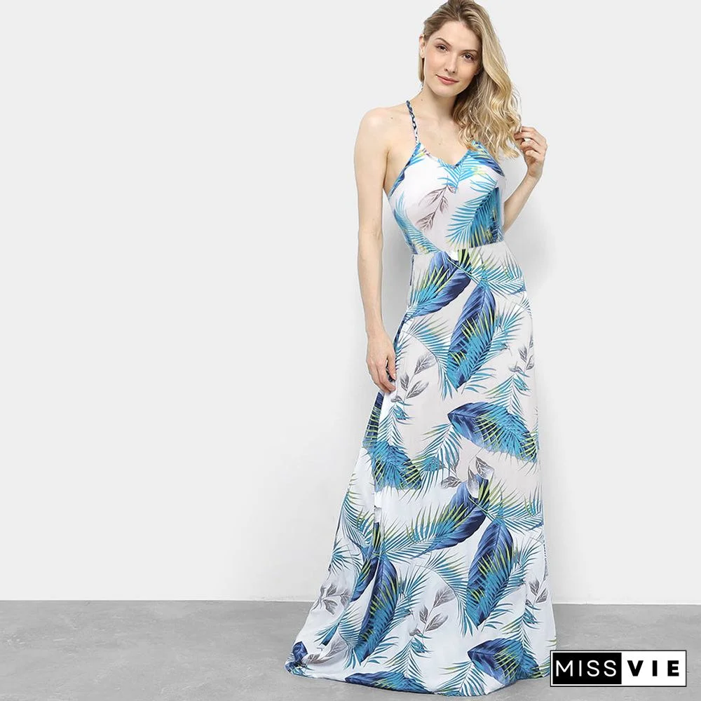 Sphaghetti Strap Leaf Print V Neck Long Beach Dress