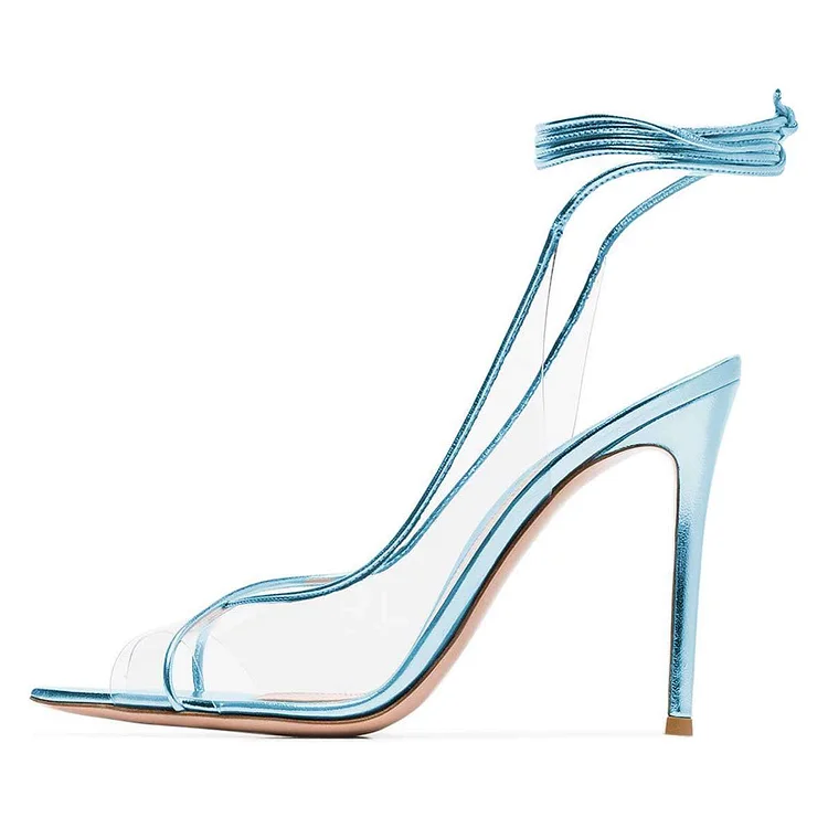 Light Blue transparent Heels Ankle Strap Stiletto Heel Sandals |FSJ Shoes