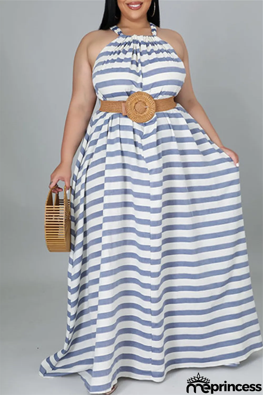 Light Blue Fashion Casual Plus Size Striped Print Backless O Neck Sleeveless Dress