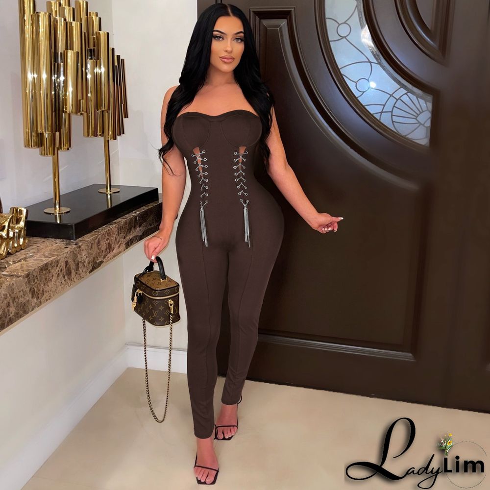 Sexy Tube Top Corns Metal Chain Waist Jumpsuit