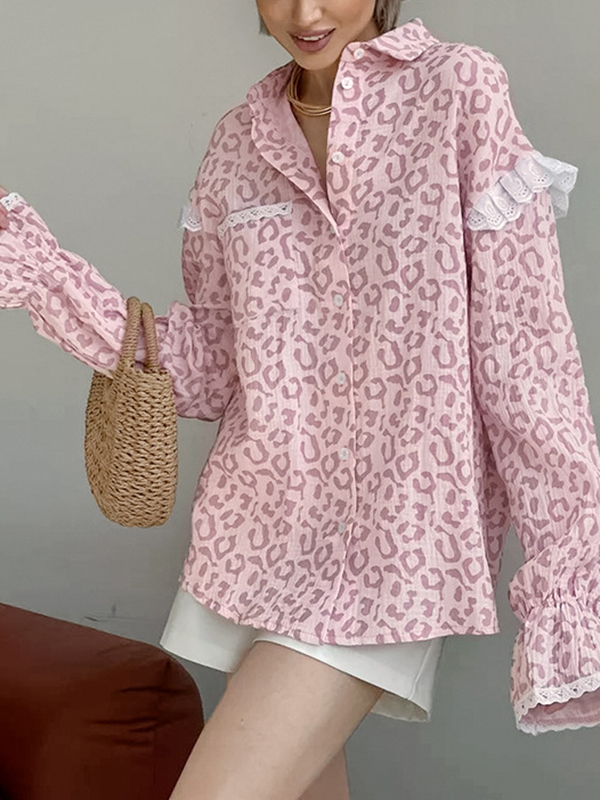 Ruffeld Lantern Sleeve Leopard Print Shirt