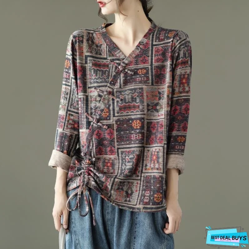 Vintage Floral Print Drawstring Cotton Blouse Summer