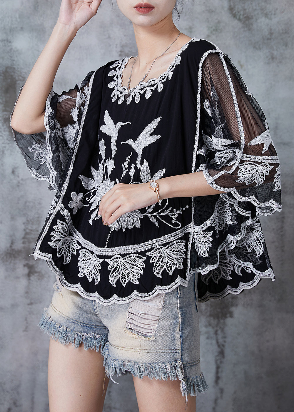 VCSHOES Black Embroidered Patchwork Cotton Shirts Batwing Sleeve