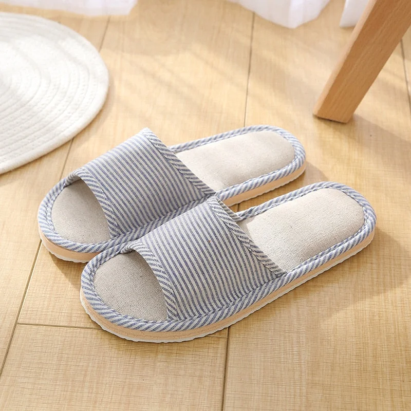 Linen Indoor Slippers Four Seasons Striped Cotton Slippers Couples Absorbing Sweat Soft Bottom Home Wood Floor Sandals
