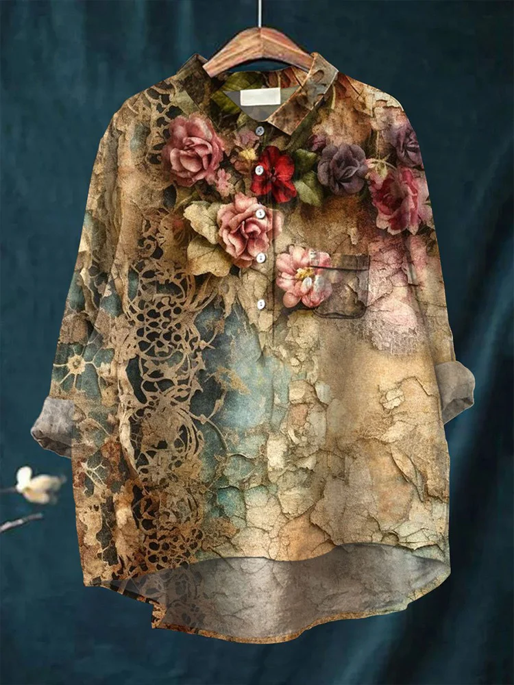 Womens Vintage Flower Art Print Casual Cotton And Linen Shirt $35.99 USD