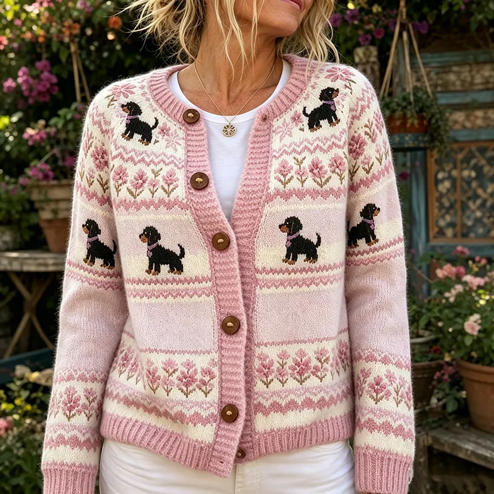 Comstylish Women's Pink Halloween Dachshund Print Crew Neck Cardigan