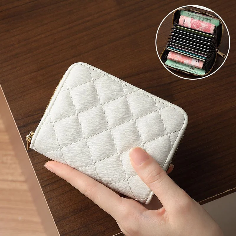 Female Small and Compact Diamond Grid Anti-theft PU Card Bag Fashionable Zipper Multi Slot Large Capacity Card Bag