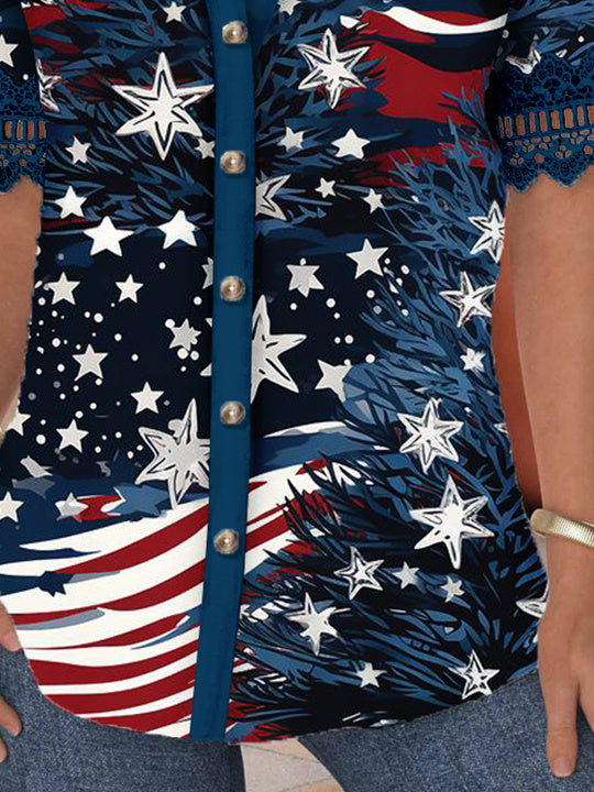 Women Short Sleeve Shirt Collar National Flag Striped Printed Graphic Button Lace Tops