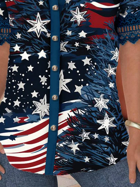 Women Short Sleeve Shirt Collar National Flag Striped Printed Graphic Button Lace Tops