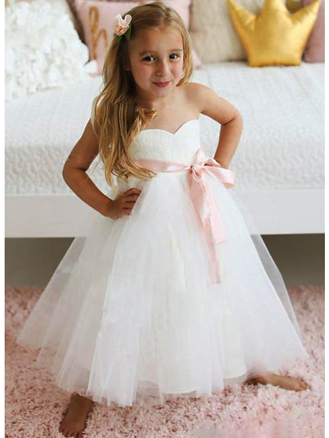 Oknass Sleeveless Jewel Neck A-Line Flower Girl Dress Lace Tulle With Sash Ribbon Tier
