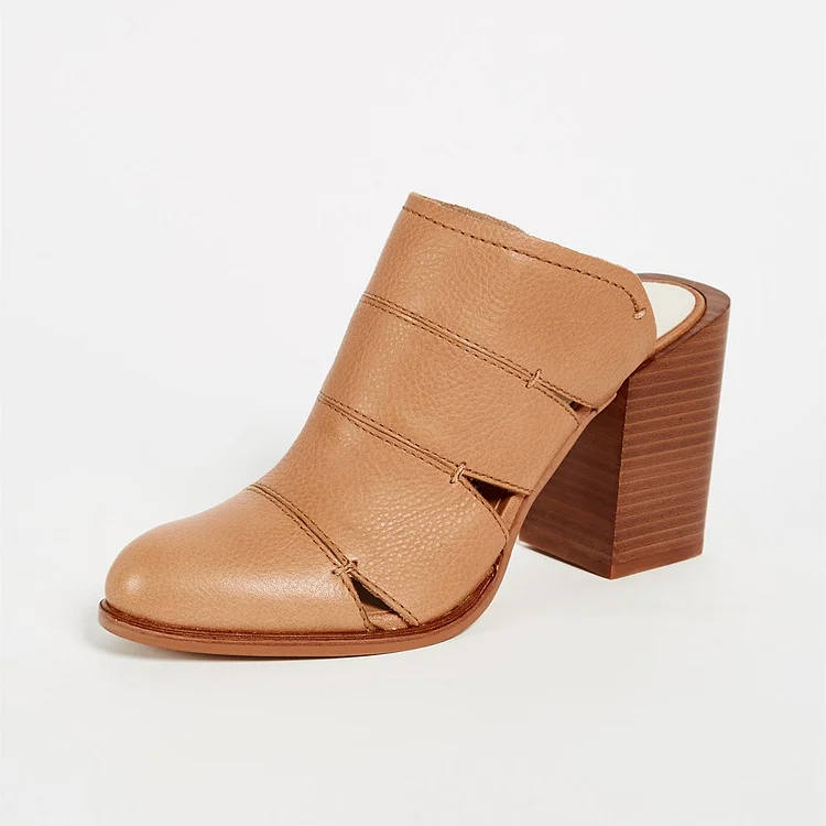 Khaki Mule Heels Round Toe Office Wood Block Heels US Size 3-15 |FSJ Shoes