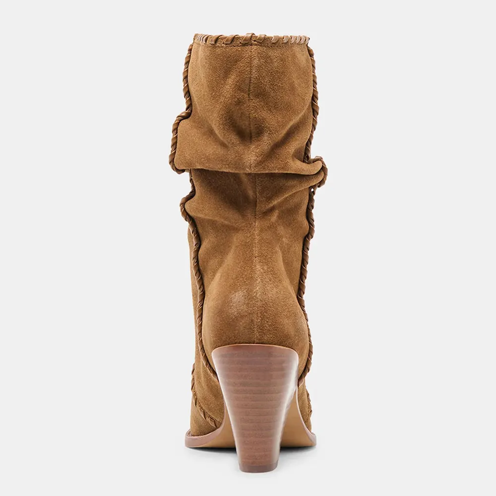 Brown Vegan Suede Pointed Toe Pleated Mid Calf Boots with Chunky Heel