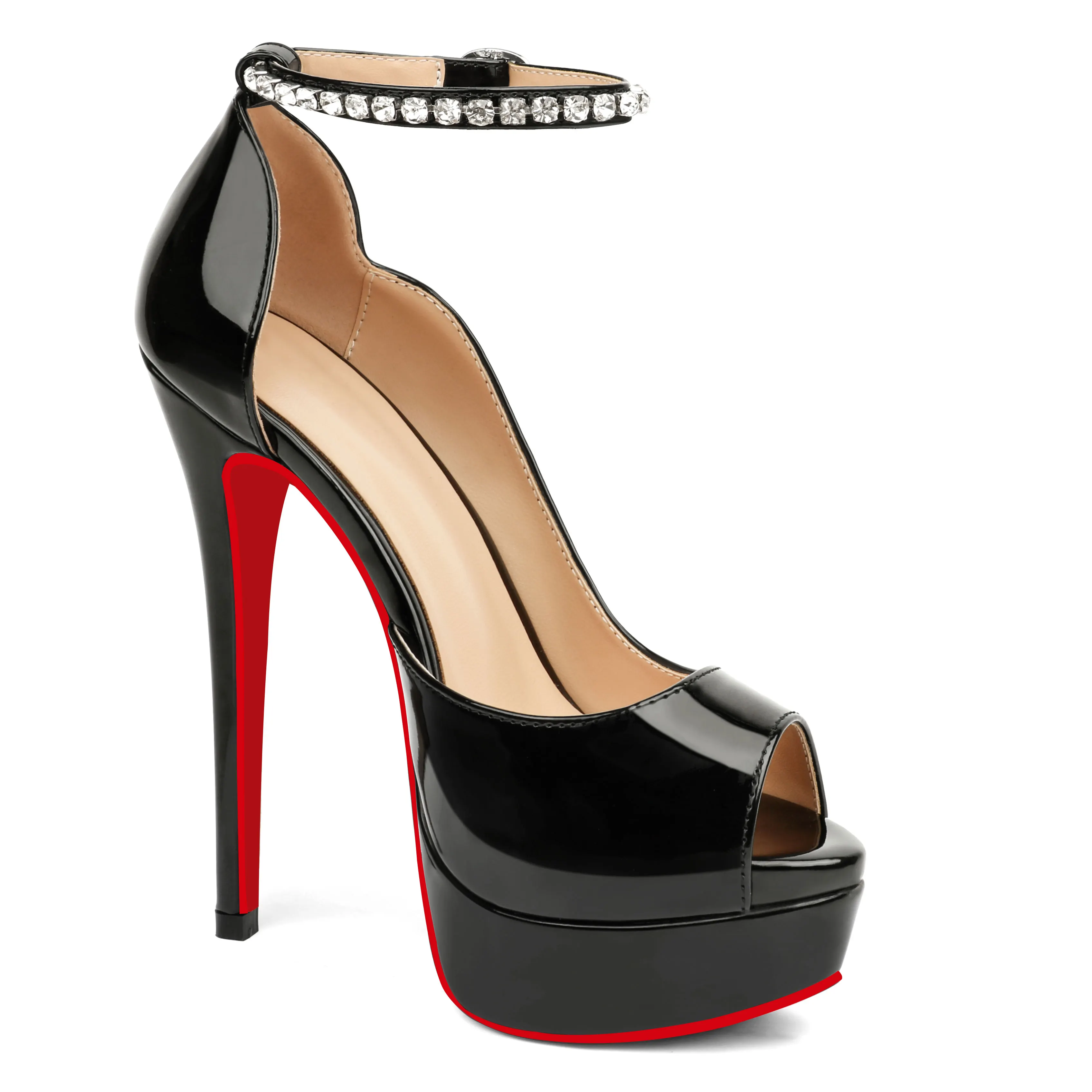 150mm Red Bottom Stiletto Party High Heel Open Toe Platform Diamond Strap Pumps-vocosishoes