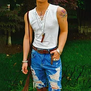 Roman Style Strap V-neck Sexy Slim Sleeveless Vest T-shirt Seaside Vacation Cotton Vest Lixishop 