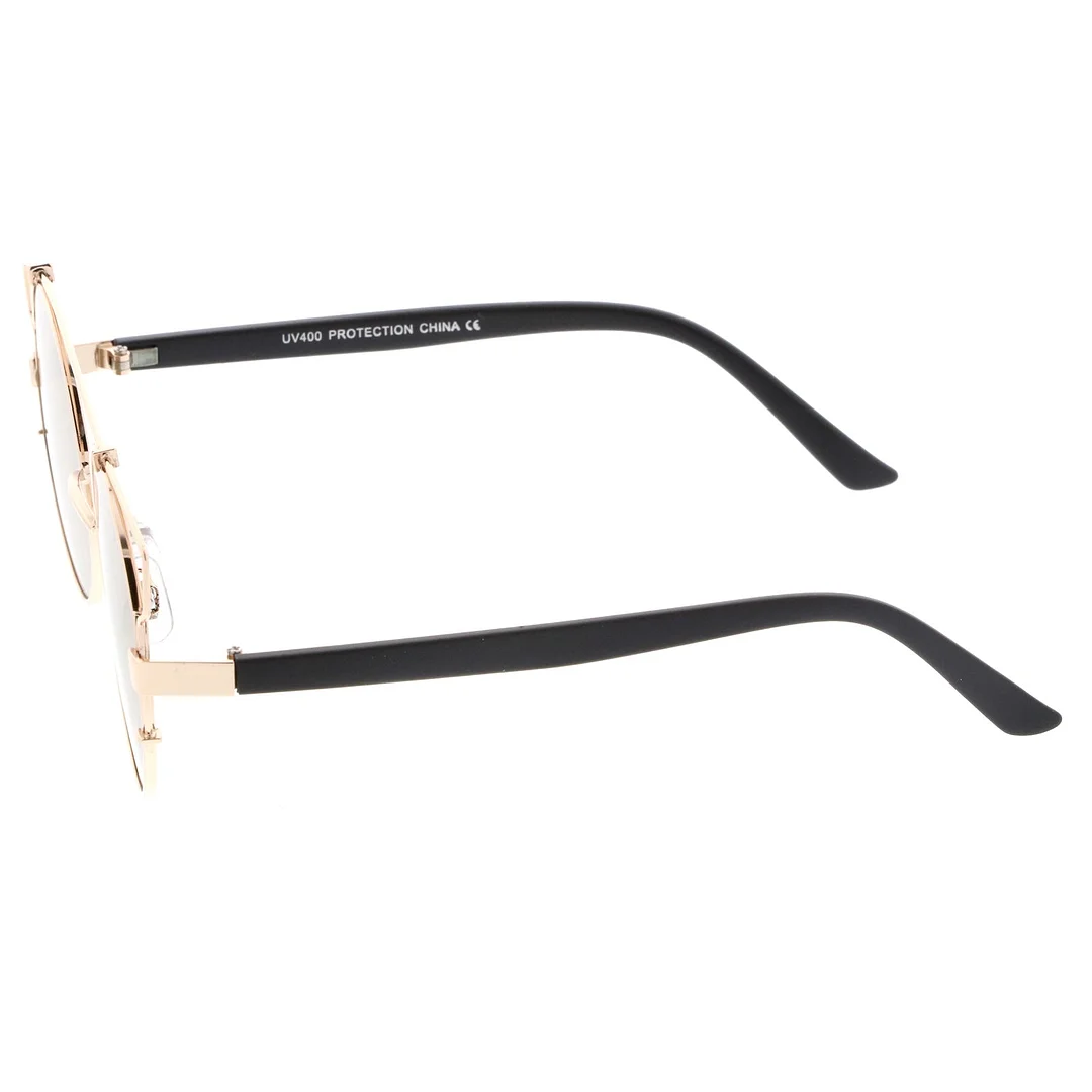 Midsize Metal Frame Horn Rimmed Crossbar Mirror Flat Lens Round glasses 53mm