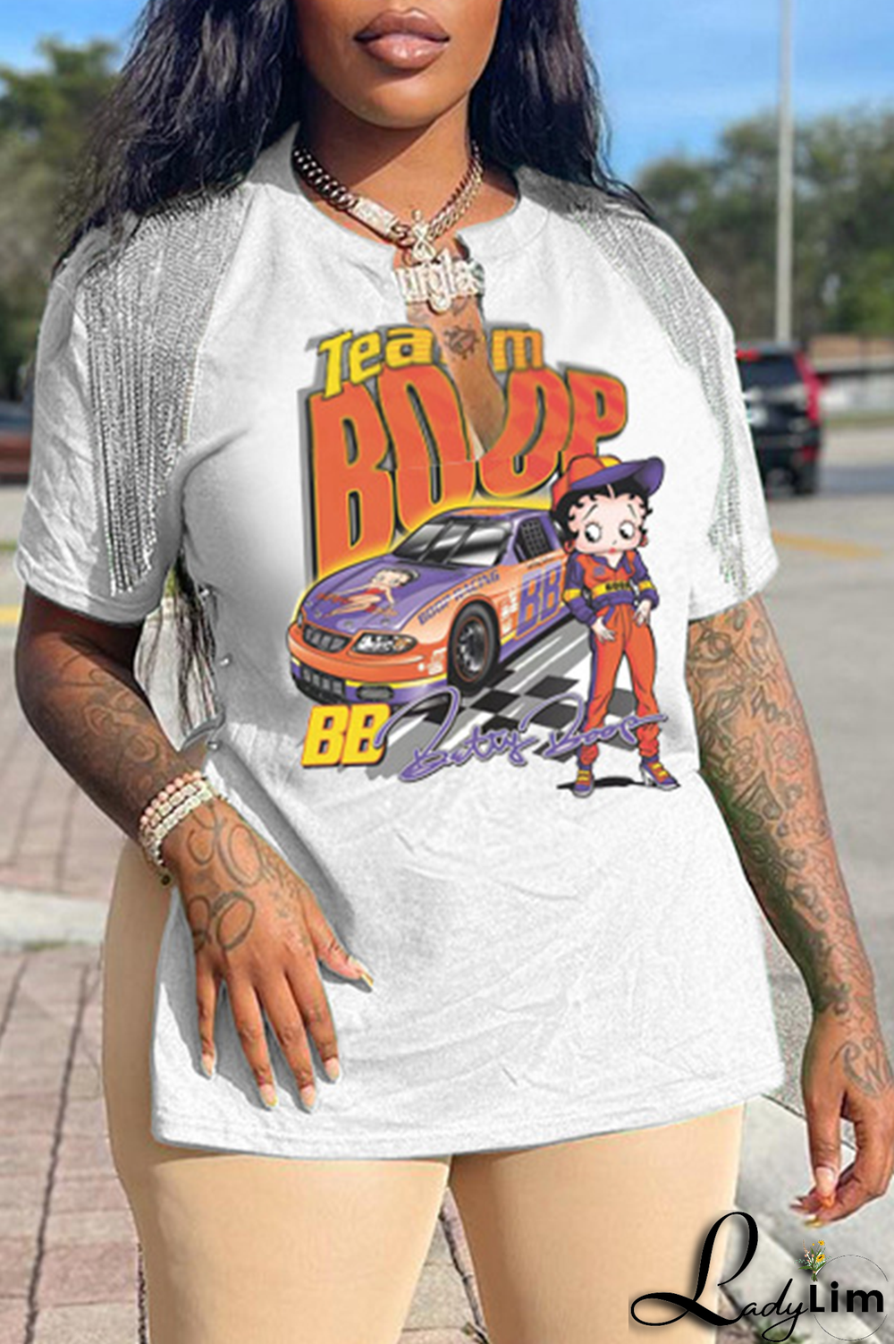 Purple Fashion Print Tassel V Neck T-Shirts