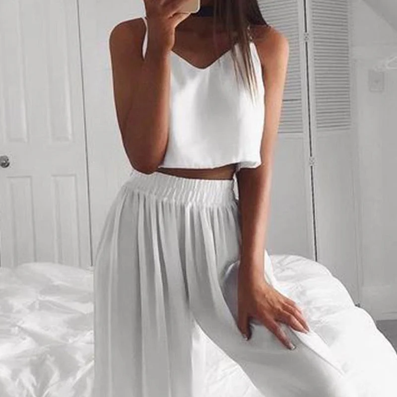 Women Sexy Sleeveless Backless Homewear Two Piece Set Summer Fashion Elegant Straps Top And Wide Leg Pants Suit Outfit Plus Size