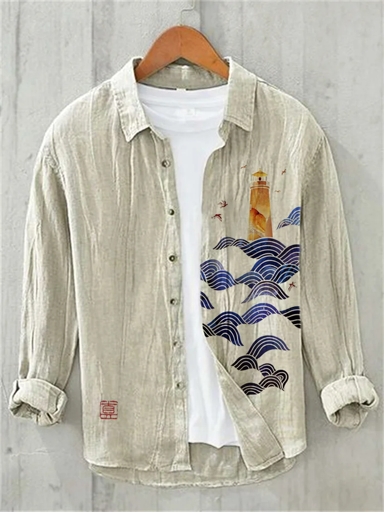 Waves Japanese Art Cozy Cotton Linen Shirt