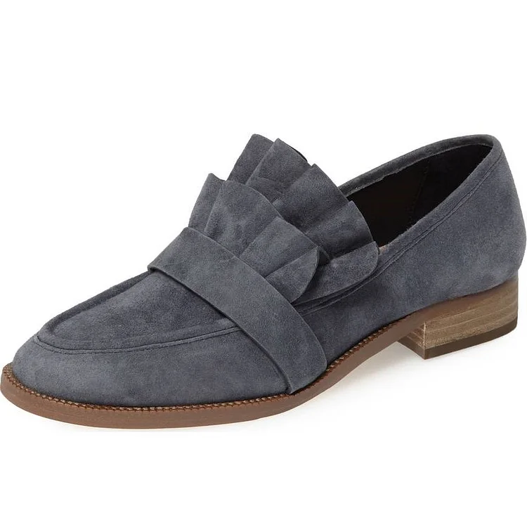 Dark Grey Suede Frill Flats Round Toe Loafers for Women |FSJ Shoes