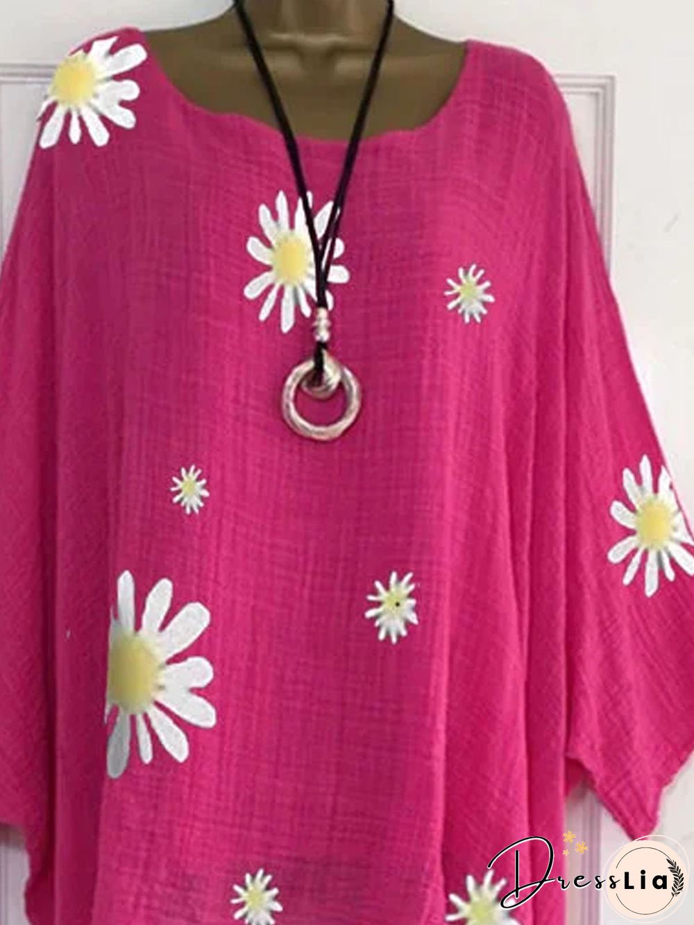 Rose Red Patchwork Round Neck 3/4 Sleeve T-shirt