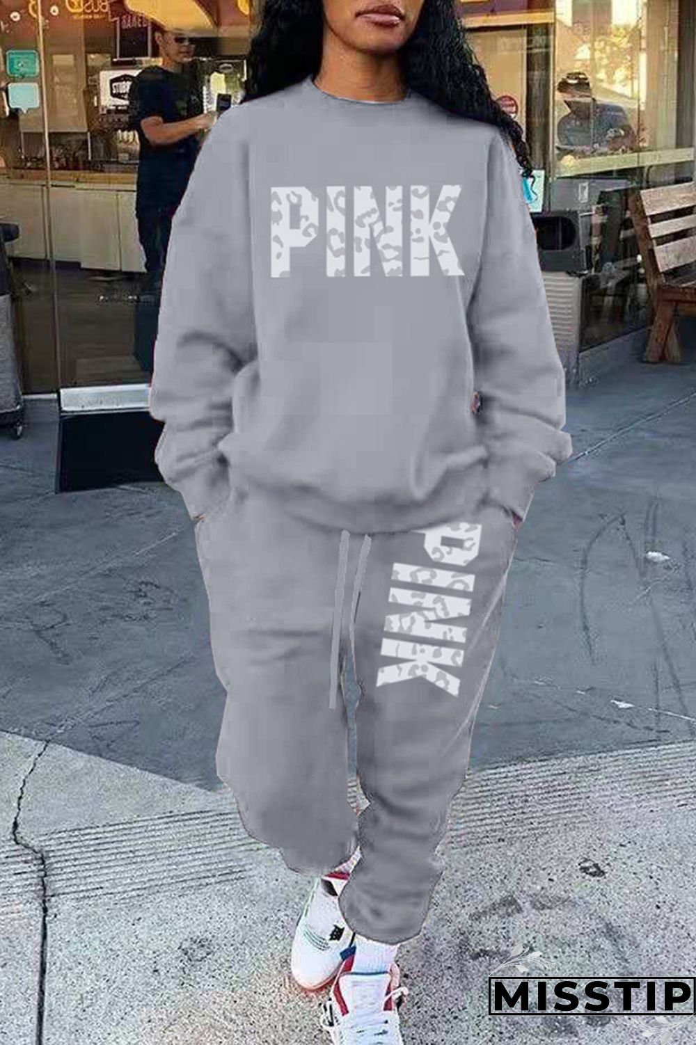 Blue Casual Letter Print Patchwork O Neck Long Sleeve Two Pieces