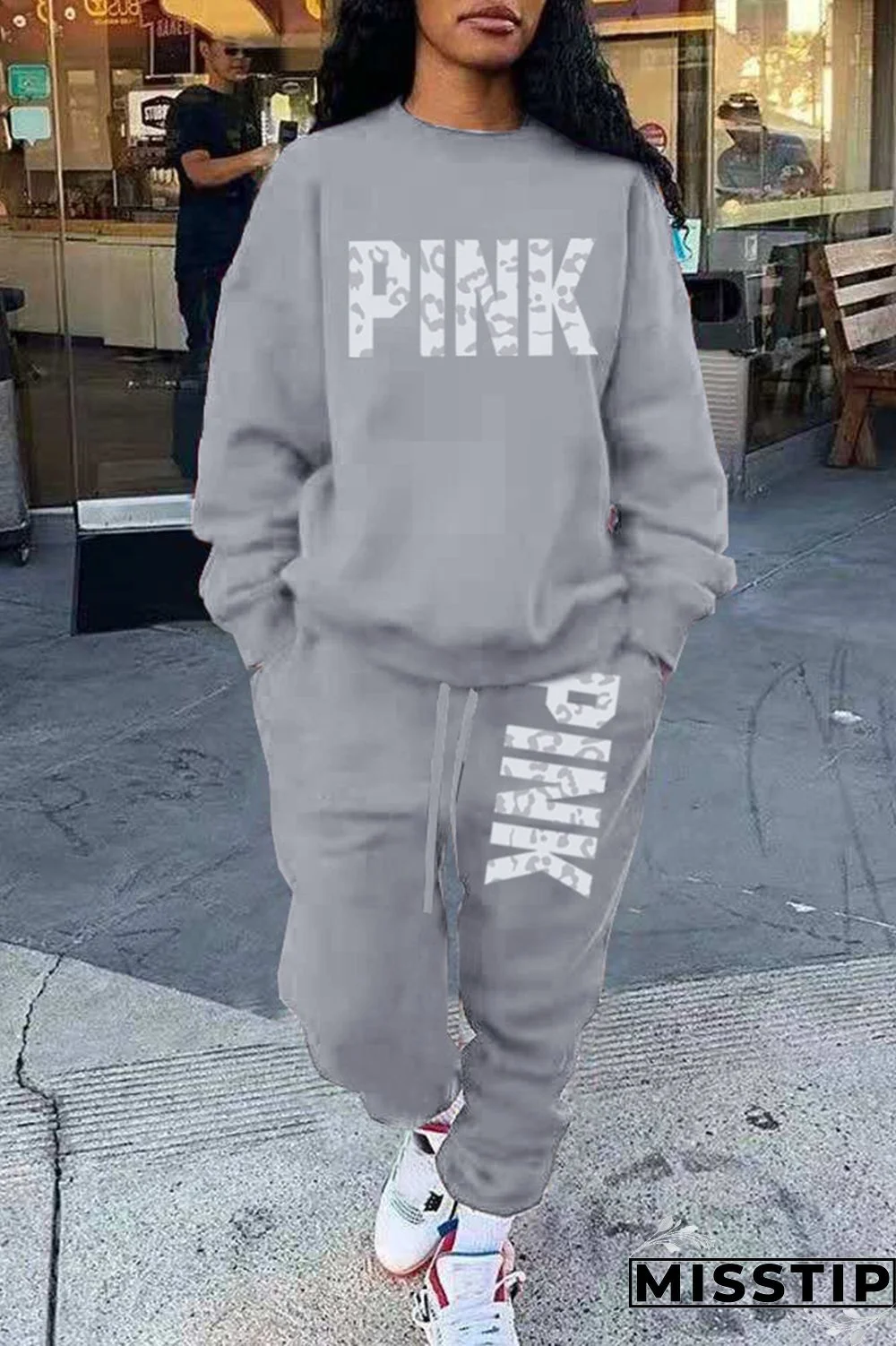 Blue Casual Letter Print Patchwork O Neck Long Sleeve Two Pieces