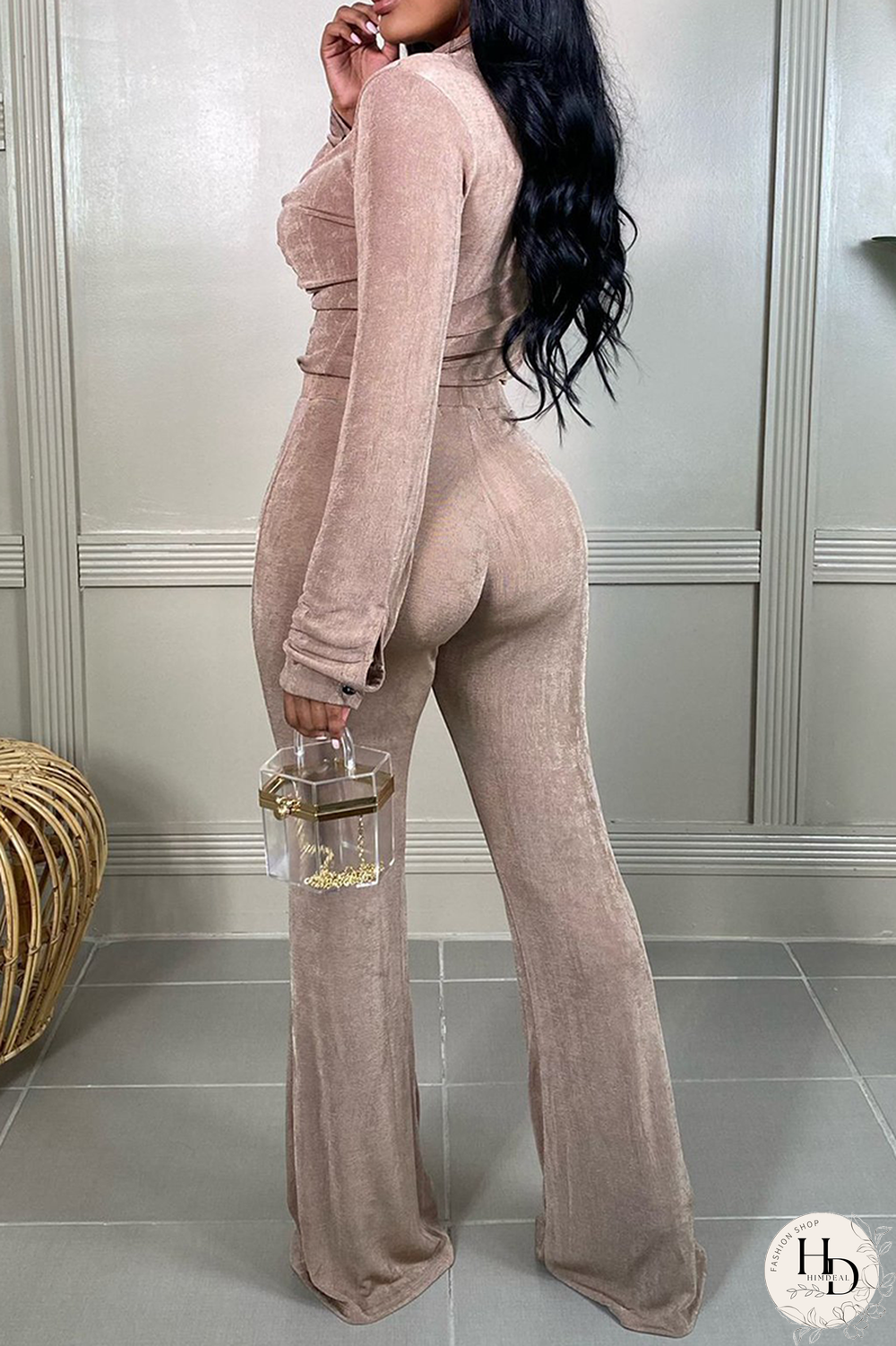 Khaki Sexy Solid Split Joint Turndown Collar Long Sleeve Two Pieces