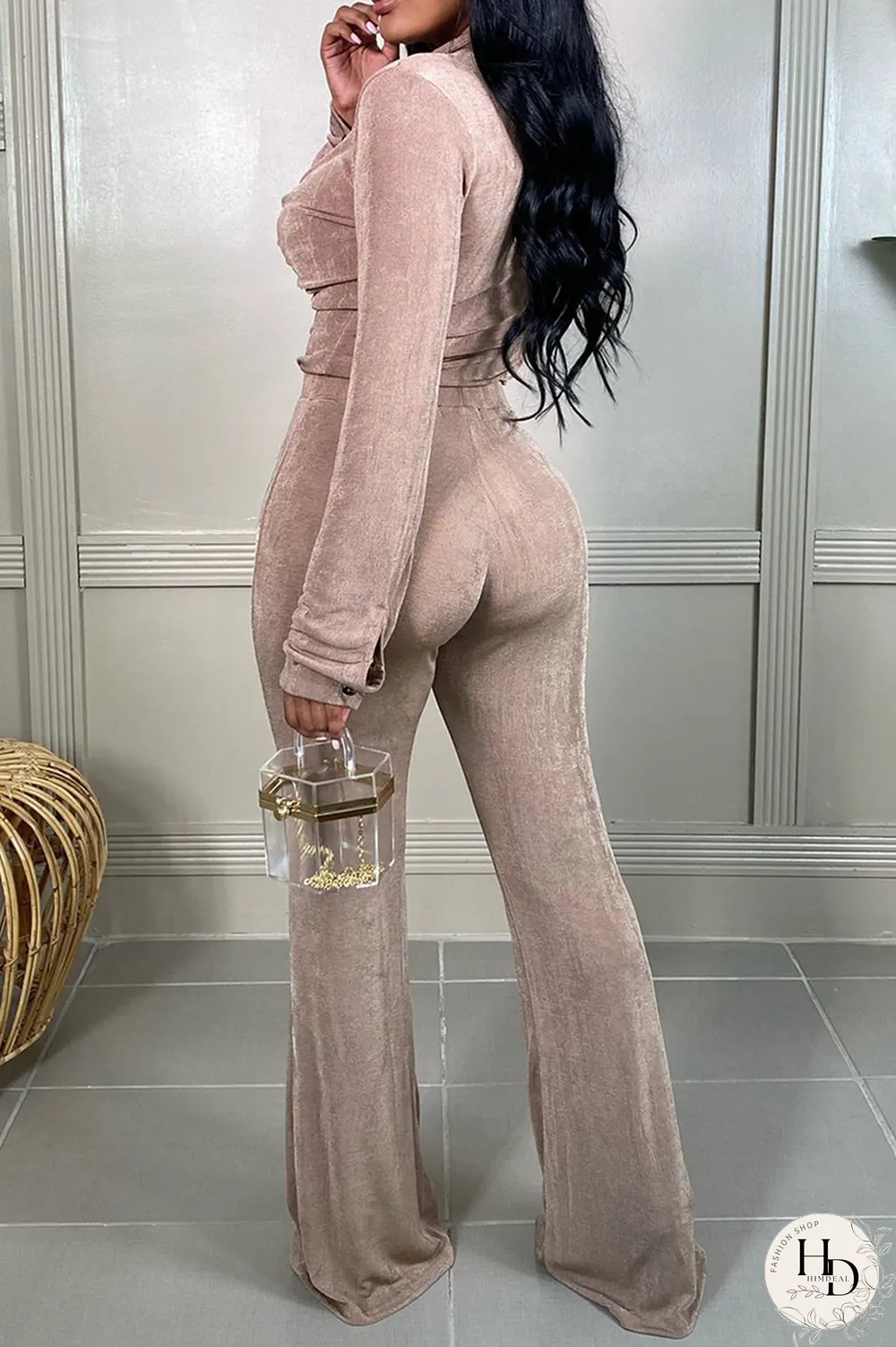 Khaki Sexy Solid Split Joint Turndown Collar Long Sleeve Two Pieces