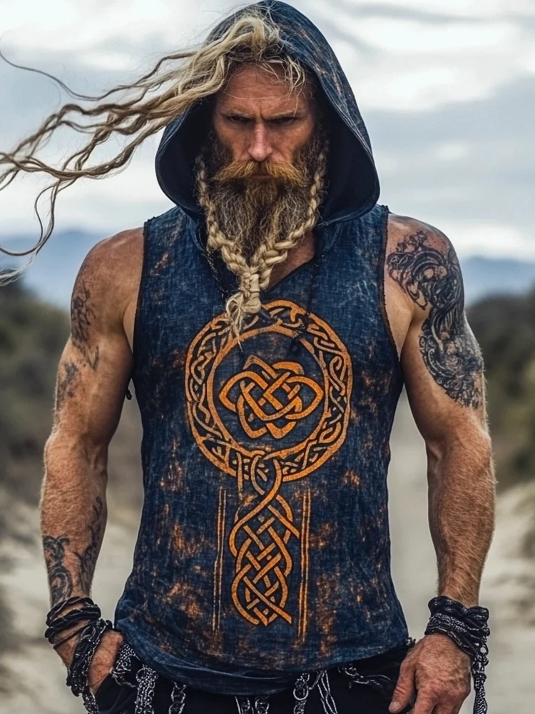 Viking Celtic Totem Men's Linen Hooded Tank Top