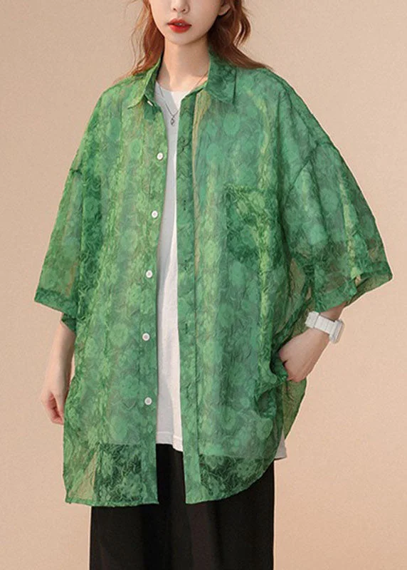 Loose Green Peter Pan Collar Print Tulle Shirts Half Sleeve