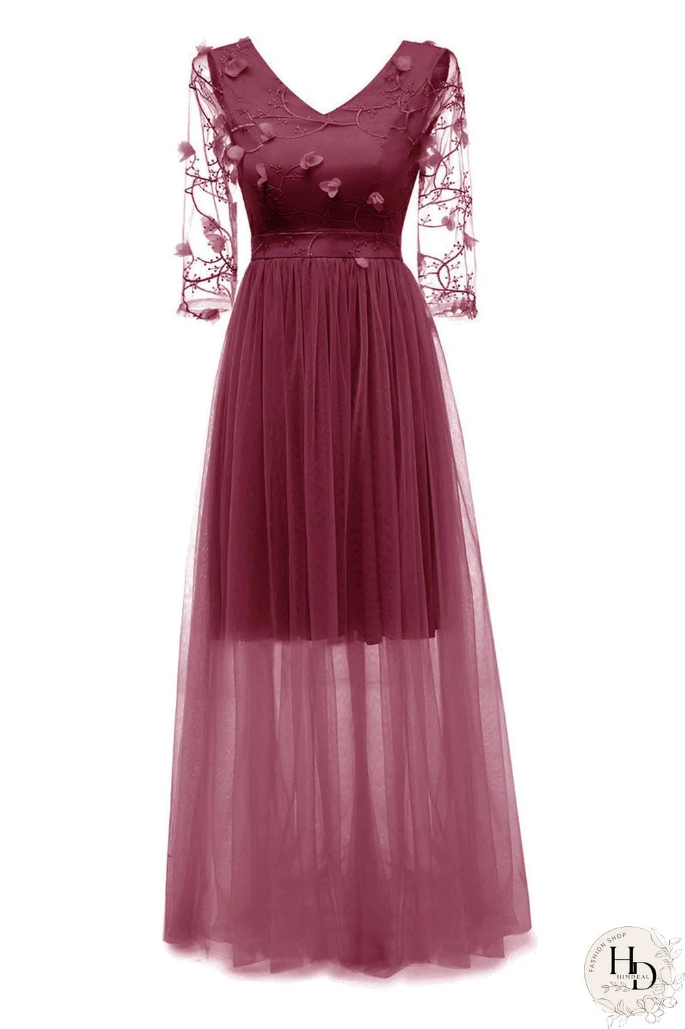 Burgundy Long V-neck Applique A-line Prom Dress With Sleeves