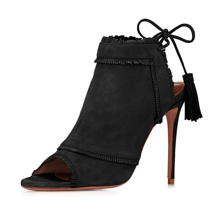 Black Summer Boots Peep Toe Fringes Stiletto Heels |FSJ Shoes