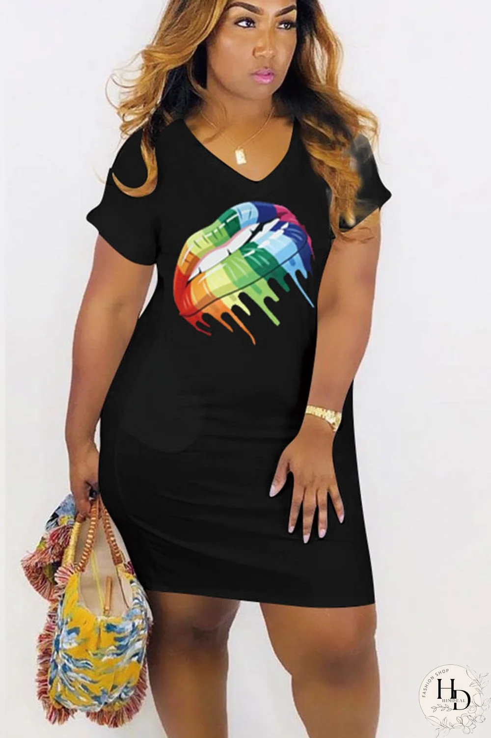 Black Polyester Fashion Sexy Cap Sleeve Short Sleeves V Neck Knee-Length Print Patchwork