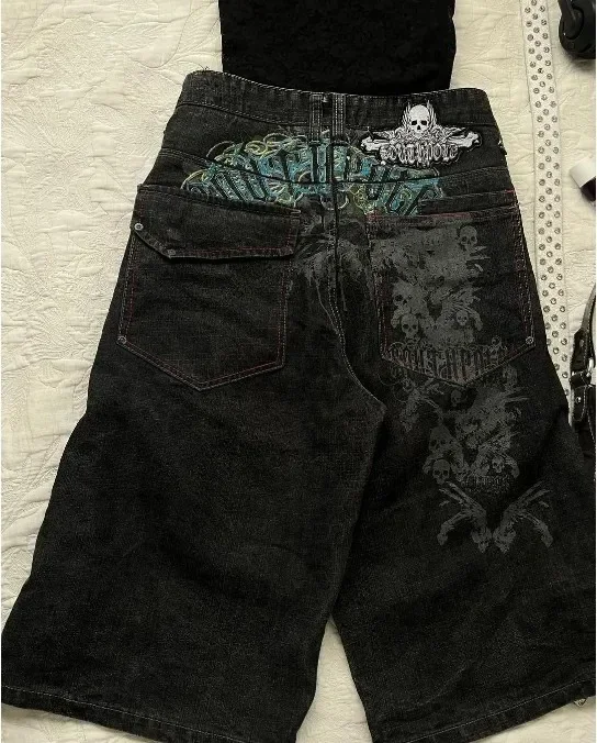 Aonga New Y2K Summer Gothic Retro Fashion Skeleton Shorts Men Women Harajuku Street Design Spliced Hip Hop Punk Loose Denim Shorts aonga