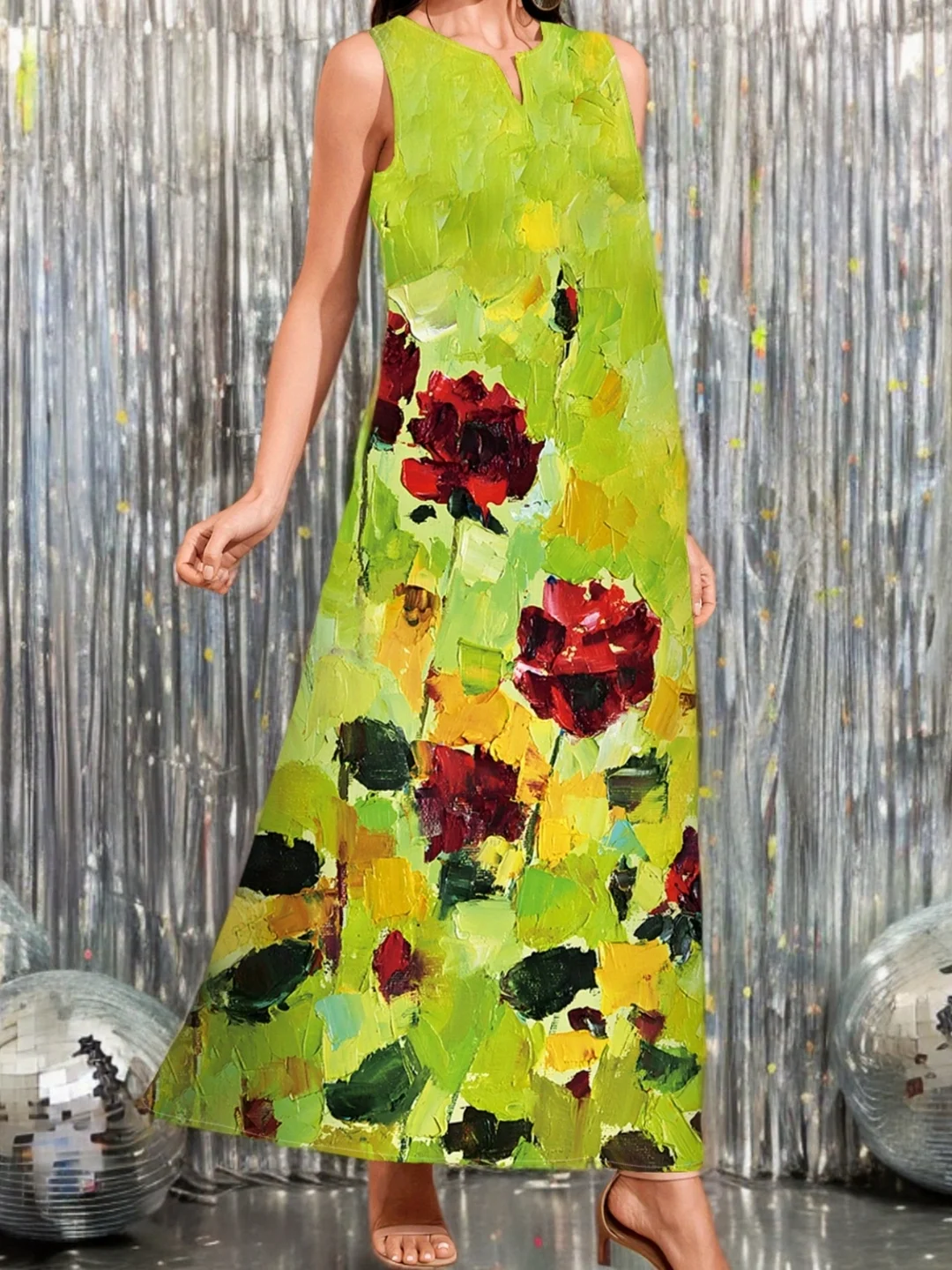 Women's Elegant V-Neck Floral Print A-Line Dress With Pockets - Vibrant Lime Green & Multicolor Floral Design, All-Season Long Sleeve Dress For Casual & Formal Occasions, Nontransparent Material, No Stretch Fabric | IFYHOME