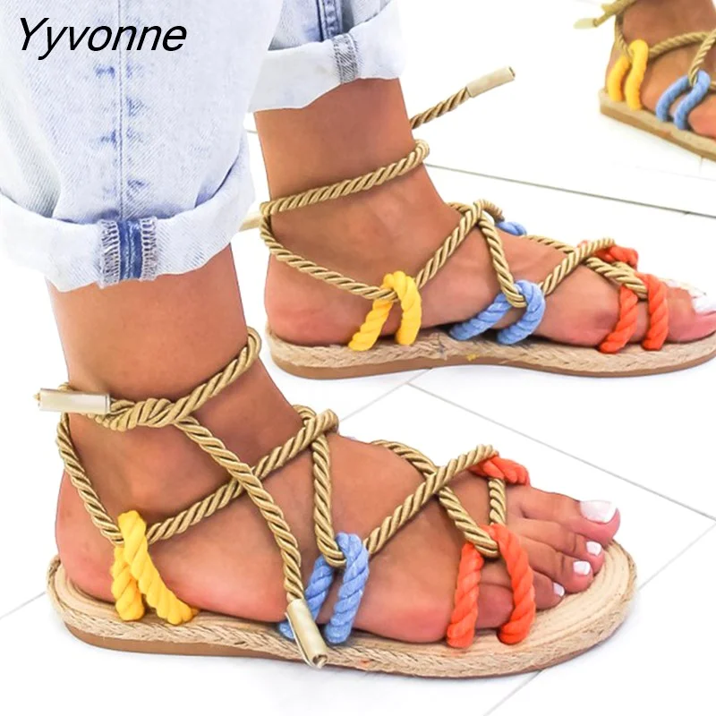 Yyvonne Women Sandals 2023 Fashion Summer Shoes Woman Flat Sandals Hemp Rope Lace Up Gladiator Sandals Non-slip Beach Chaussures Femme