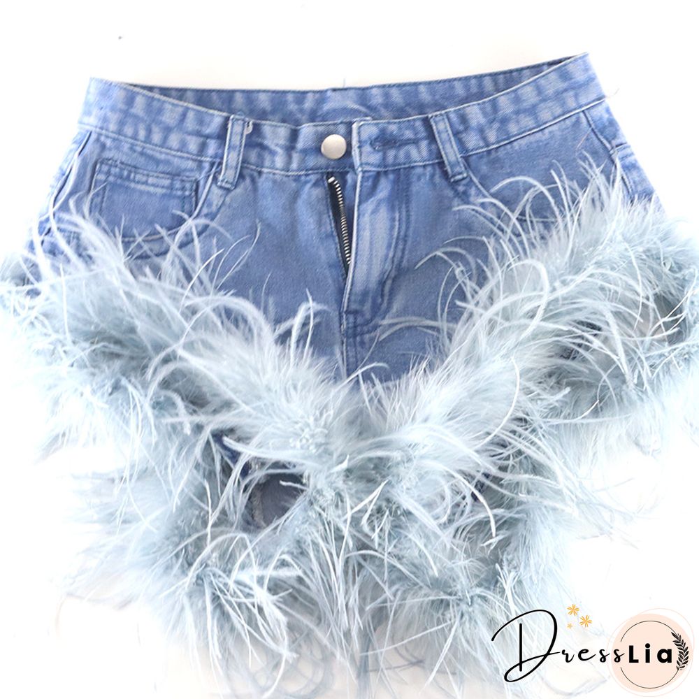 High Waist Feather Fur Patchwork Denim Shorts