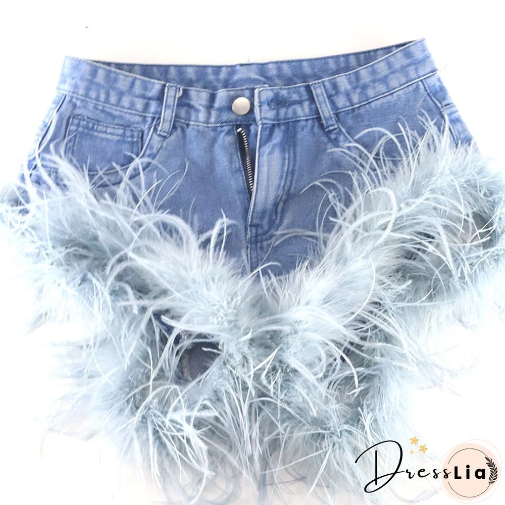 High Waist Feather Fur Patchwork Denim Shorts