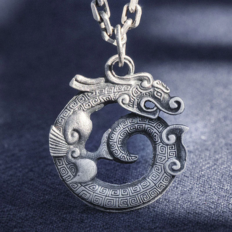 Round Dragon 999 Sterling Silver Auspicious Cloud Luck Necklace Pendant