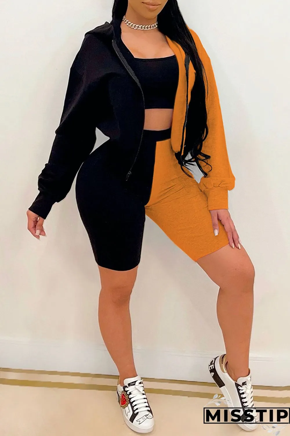 Orange Fashion Casual Patchwork Basic Hooded Collar Long Sleeve Three-piece Set