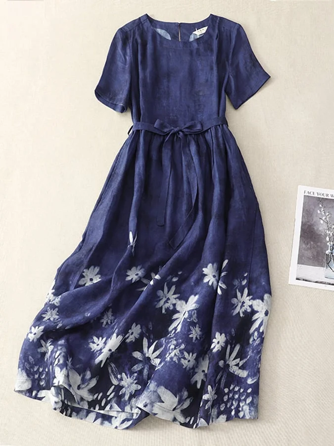 Cotton And Linen Floral Belt Dress socialshop