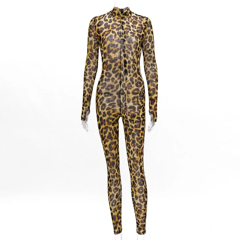 Hugcitar 2019 long sleeve leopard print mesh see-through bodycon sexy jumpsuit autumn winter women streetwear outfits club body